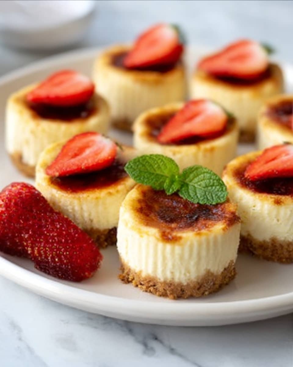 A white plate holds several small, round cheesecake bites, each with a browned, slightly crispy top and smooth, creamy white middle layer. The bottom layer is a light brown crust with a crumbly texture. Fresh strawberries, bright red with green leaves, and a small green mint leaf decorate the edge of the plate. The background is a white marbled surface. Photo taken with an iphone --ar 4:5 --v 7