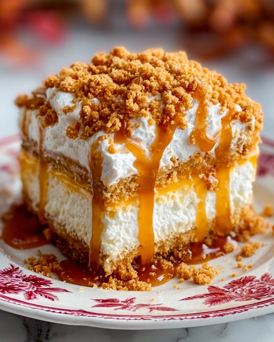 A close-up slice of a layered dessert on a white plate with red floral designs, showing four visible layers: a bottom layer of crumbled golden cake, a thick white creamy second layer, a third layer of golden caramel sauce drizzling down the sides, and a top layer of white whipped cream covered with golden brown crunchy crumbles. The dessert is set on a white marbled surface, and the caramel sauce looks shiny and smooth as it flows over the edges. photo taken with an iphone --ar 4:5 --v 7