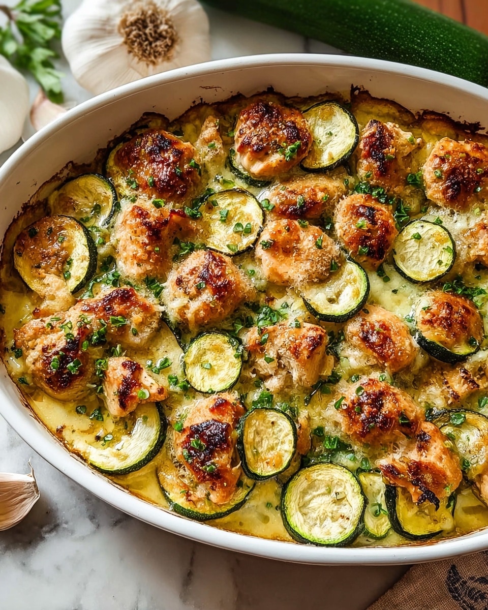 A white oval dish filled with a baked casserole showing a top layer of browned and crispy chicken pieces scattered among thick, round slices of light green zucchini. The chicken has a golden-brown crust with some charred spots, while the zucchini slices look soft and slightly roasted with a pale green interior and darker green edges. Chopped green herbs are sprinkled over the whole dish, adding a fresh touch. The white dish rests on a white marbled surface with a garlic bulb and green squash nearby. Photo taken with an iphone --ar 4:5 --v 7