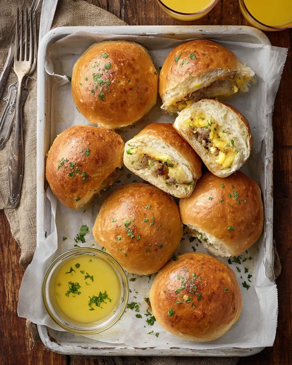 The image shows a white rectangular baking tray lined with parchment paper holding seven round golden-brown baked buns topped with small green parsley flakes. Two of the buns are cut in half, revealing a soft white bread interior with layers of yellow scrambled egg and light brown cooked sausage inside. The buns have a shiny, slightly textured crust. At the bottom left corner inside the tray is a small clear glass bowl filled with yellow melted butter, also sprinkled with parsley. The tray sits on a wooden surface with a vintage fork and knife at the top left and a glass of orange juice at the top right. photo taken with an iphone --ar 4:5 --v 7