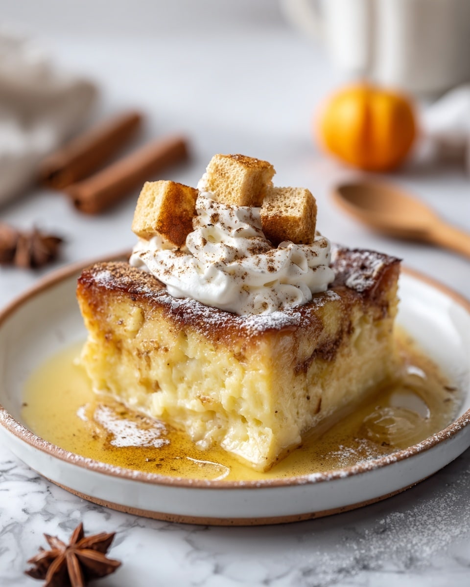 A square piece of bread pudding sits on a white plate with a light brown rim, placed on a white marbled surface. The bread pudding has a golden brown, slightly crispy top layer with a soft, creamy, light golden inside made of bread soaked in custard. It is topped with a dollop of white whipped cream sprinkled with brown cinnamon powder, along with three small toasted bread cubes arranged on top. The plate is dusted with powdered sugar and has a thin layer of amber syrup pooling around the pudding. In the background, there is a blurred wooden spoon and some star anise and a small orange pumpkin on the white marbled surface. Photo taken with an iphone --ar 4:5 --v 7