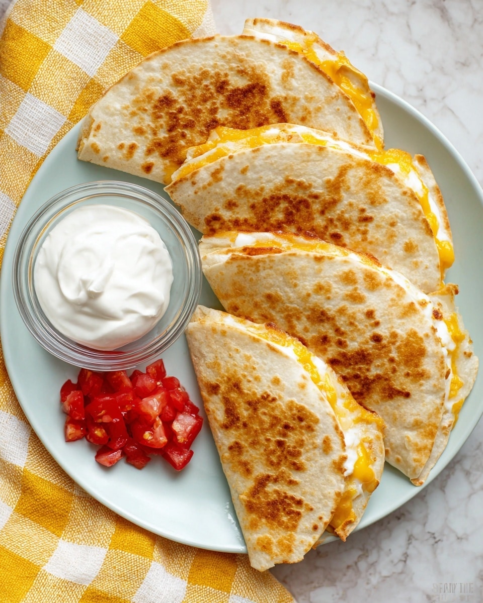The image shows a white plate with five golden-brown quesadillas folded in half, arranged in a slightly overlapping row. Each quesadilla has a crispy texture on the outside with melted yellow cheese and white egg visible inside the fold. On the left side of the plate, there is a small clear glass bowl filled with smooth white sour cream, and next to it, a small pile of bright red diced tomatoes. The plate is set on a white marbled surface with a yellow and white checkered cloth on the left side. photo taken with an iphone --ar 4:5 --v 7