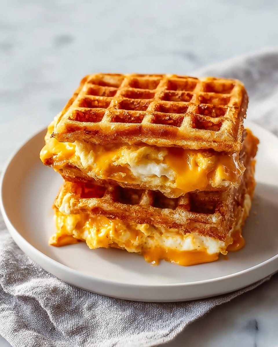 A white plate holds a stack of two golden brown waffles, each with a crispy grid texture. Between the waffles is a layer of melted, gooey orange cheddar cheese that oozes out from the edges, perfectly melted and mixed with a soft white layer that looks like scrambled eggs or melted cheese. The plate is set on a light gray cloth on a white marbled surface, adding a soft and clean background. The light shines to highlight the crispy waffle texture and the creamy cheese filling. photo taken with an iphone --ar 4:5 --v 7