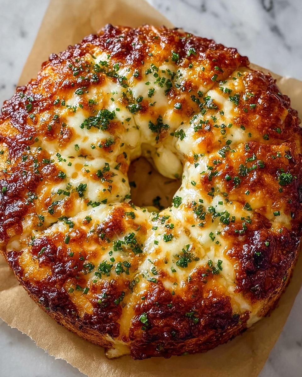 A round, ring-shaped baked dish with eight visible sections, covered in a golden brown and crispy cheese layer that has bubbly, melted white and light yellow spots. The top is sprinkled with finely chopped green herbs, adding a fresh contrast to the rich cheese texture. The dish sits on a piece of parchment paper placed on a white marbled surface, highlighting its shiny and slightly oily crust with gooey cheese peeking from the cracks. photo taken with an iphone --ar 4:5 --v 7