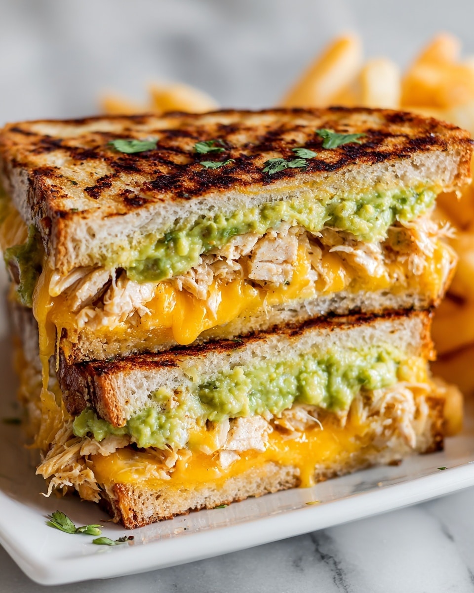 A close-up of a grilled sandwich cut into two stacked halves, each sandwich containing three layers of toasted bread with a crispy golden brown color and slight charring on the edges. Inside, there are layers of shredded cooked chicken with a light brown color, melted bright orange cheddar cheese dripping slightly, and a green chunky guacamole spread with bits of herbs mixed in. The sandwich is topped with fresh green herb leaves. In the background, there are golden crinkle fries on a white surface with a white marbled texture. Photo taken with an iphone --ar 4:5 --v 7