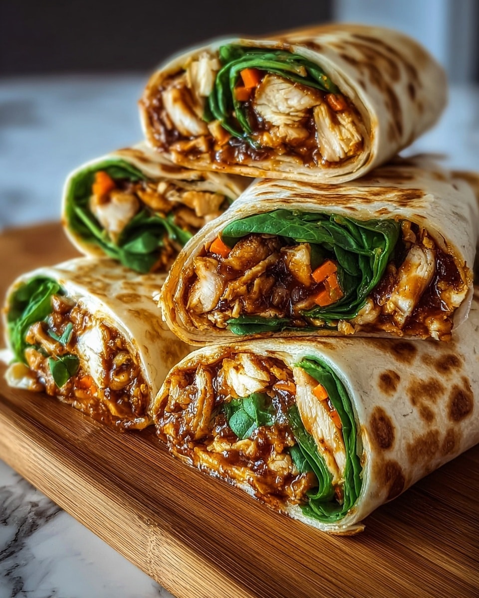The image shows several wrapped chicken wraps cut in half, stacked and laid on a wooden board with a white marbled surface underneath. Each wrap has about three layers visible: the outer golden-brown toasted tortilla with small brown spots, a middle layer of bright green fresh spinach leaves, and an inner layer filled with juicy pieces of grilled chicken coated in a rich dark brown sauce mixed with small orange carrot bits. The wraps are arranged with two halves in the front lying horizontally, and a small stack of four halves in the back piled vertically. Photo taken with an iphone --ar 4:5 --v 7