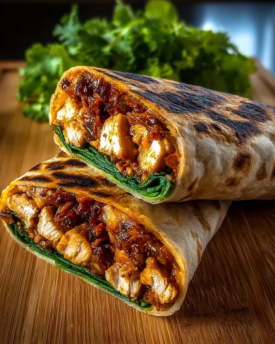 The image shows a grilled wrap cut in half, stacked with the top half leaning on the bottom half, placed on a wooden surface. The outer tortilla is golden with dark char marks and a slightly crisp texture. Inside the wrap, there are three main layers: bright green leafy spinach at the bottom, a thick layer of spicy reddish-brown sauce mixed with finely chopped onions, and large pieces of grilled white chicken chunks nestled within the sauce. A small bunch of fresh green leafy lettuce lies blurred in the background. The photo taken with an iphone --ar 4:5 --v 7