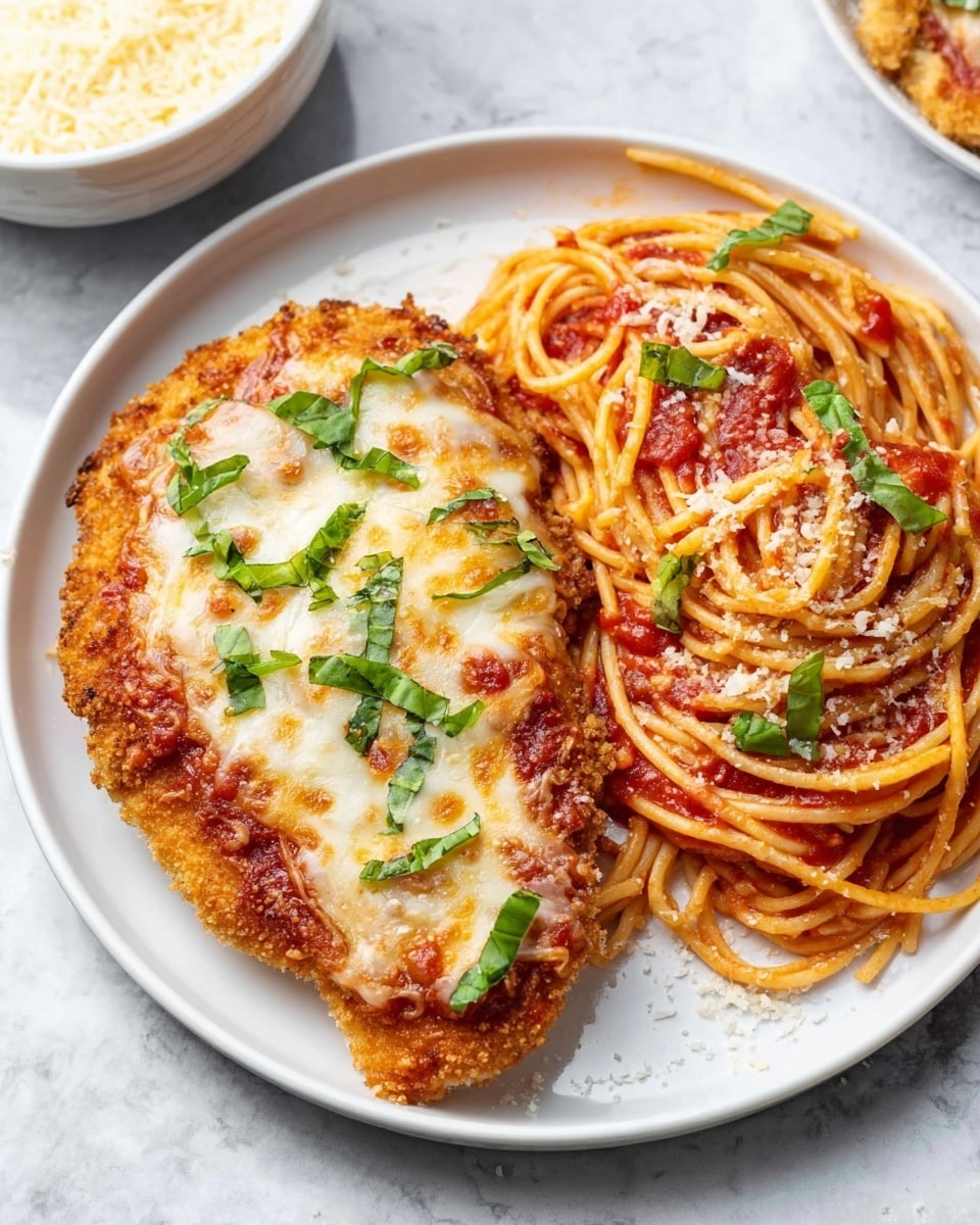 A white round plate on a white marbled texture holds a serving of chicken parmesan and spaghetti. On the left side, a large piece of breaded chicken is covered with melted, slightly browned mozzarella cheese with scattered fresh green basil pieces on top and around the golden-brown crispy edges. On the right side, a mound of spaghetti noodles coated in rich red tomato sauce is topped with a light sprinkle of grated parmesan and more small basil pieces. The sauce gives the noodles a shiny, smooth texture, and some grated cheese lightly dusts the plate. In the background, a white bowl with grated parmesan is partially visible. photo taken with an iphone --ar 4:5 --v 7