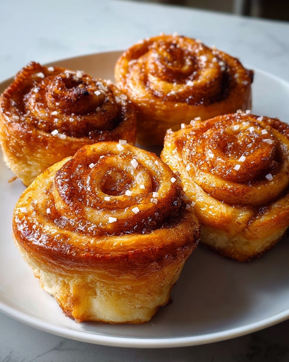 Four cinnamon rolls are arranged on a white plate, each shaped like a rose with tightly coiled layers of golden-brown, sticky dough sprinkled with coarse sugar crystals that glisten in the light. The rolls have a shiny caramelized surface from the cinnamon sugar, with darker brown spots showing where the sugar has melted and crisped. The dough layers are visible at the base, showing a soft and fluffy interior with a light beige color. The plate rests on a white marbled background with soft natural light highlighting the texture and shine on the rolls. Photo taken with an iphone --ar 4:5 --v 7