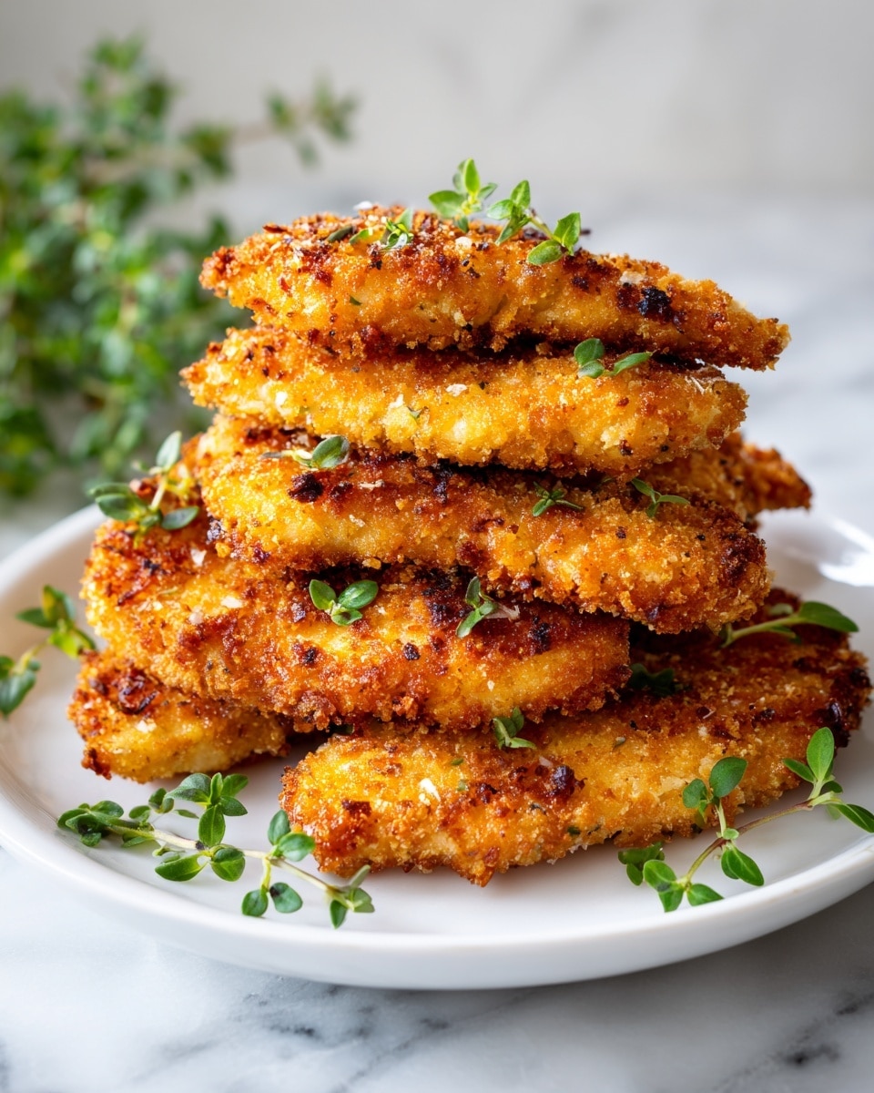 A white plate holds a stack of seven golden brown breaded chicken tenders arranged in an overlapping pattern. Each tender has a crispy, crunchy texture with small, uneven crumbs and crispy bits visible. The chicken is garnished with small green herb leaves scattered on top and around the plate, adding a fresh contrasting touch. The background is a white marbled texture with a soft focus on some green herbs, creating a fresh and clean look. photo taken with an iphone --ar 4:5 --v 7