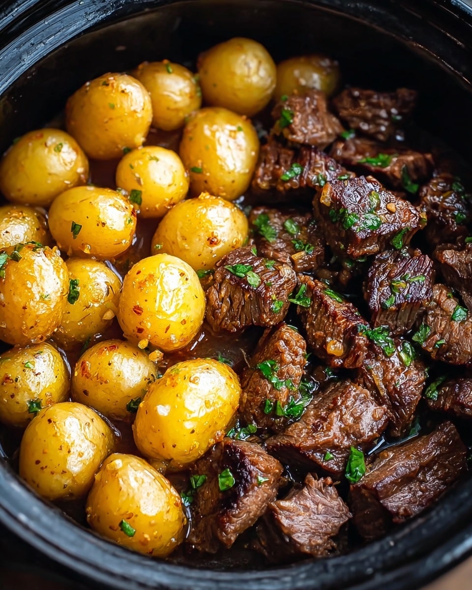 The image shows a dish in a black pot with two main layers. On the left side, there are smooth, golden baby potatoes, shiny and small, some slightly overlapping each other. On the right side, there are browned and tender chunks of beef, with a juicy texture and small bits of herbs sprinkled on top. The beef pieces have a rich dark brown color with some slight charring. A thin layer of sauce covering the bottom ties the potatoes and beef together, creating a moist look. photo taken with an iphone --ar 4:5 --v 7
