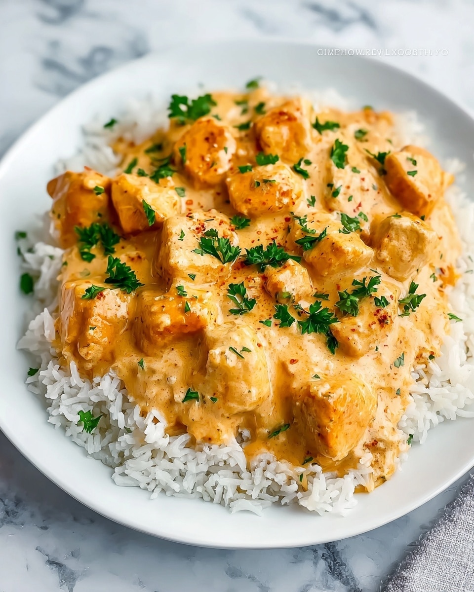 A white plate is filled with a base layer of fluffy white rice, topped with a creamy light orange sauce mixed with tender golden-brown cubes of chicken. The sauce looks thick and smooth, evenly coating the pieces of chicken. Bright green parsley leaves are scattered over the top, adding a fresh contrast in color. The plate rests on a white marbled surface. photo taken with an iphone --ar 4:5 --v 7