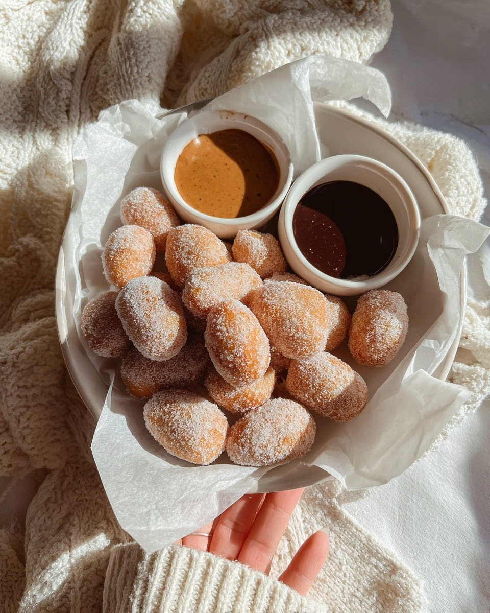 The image shows a white bowl lined with light brown parchment paper filled with many small, golden-brown, cube-shaped donuts covered in fine white sugar. They have a slightly rough texture from the sugar coating, creating a sparkling effect. On the top right side inside the bowl, there is a small white round cup filled with smooth, swirled, rich dark chocolate sauce. The whole arrangement is on a white marbled surface. photo taken with an iphone --ar 4:5 --v 7