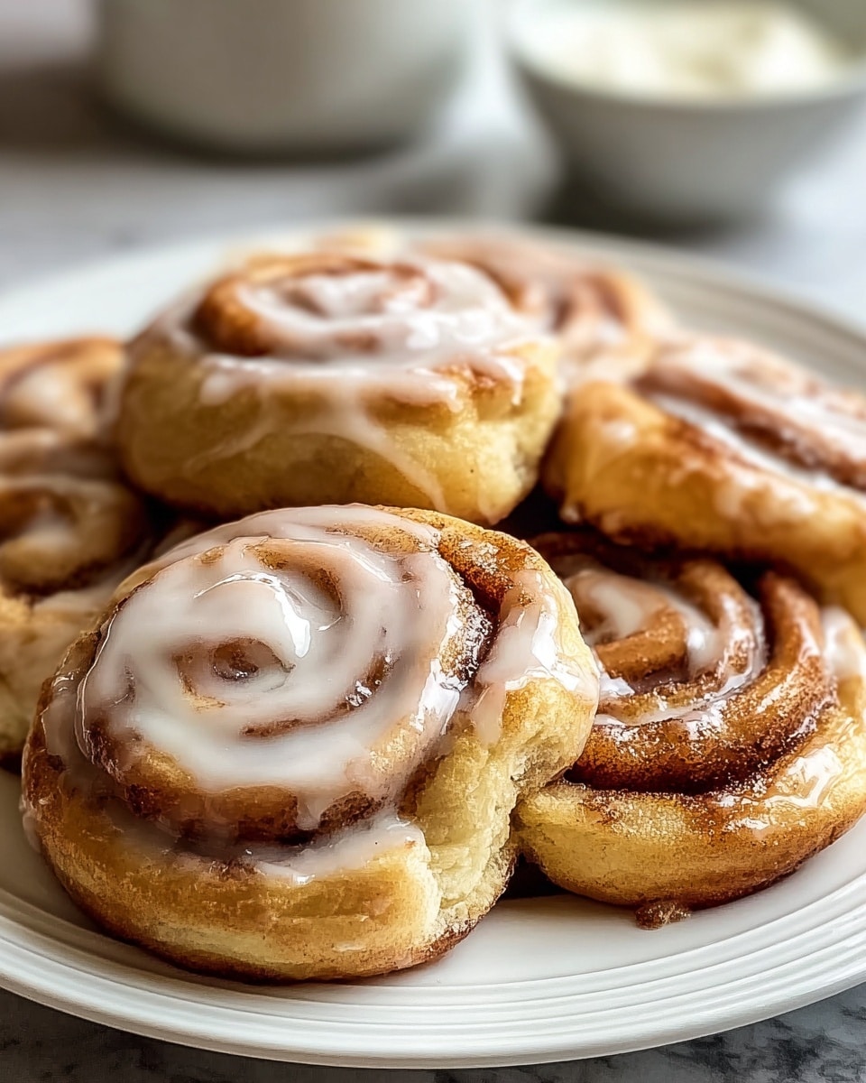 A close-up view of a white round plate filled with a stack of soft cinnamon rolls, each roll showing a golden-brown swirled dough base with visible cinnamon filling in darker brown. The rolls are topped with a shiny, smooth layer of white glaze that drips slightly over the edges, enhancing the spiral texture. The background is a blurred white marbled surface with a small bowl of cream also visible behind the plate. Photo taken with an iphone --ar 4:5 --v 7
