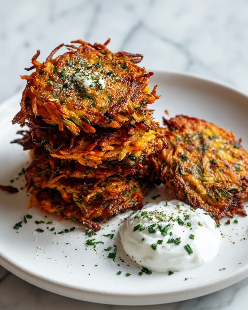 A white plate holds five golden-brown fritters, stacked in a slightly uneven pile. Each fritter shows visible strands of orange carrot mixed with green herbs, forming a textured surface with crispy browned edges. To the side of the fritters is a dollop of white sour cream topped with small green herb pieces. Some scattered sliced herbs decorate the plate around the fritters. The plate sits on a surface with a white marbled texture. Photo taken with an iphone --ar 4:5 --v 7