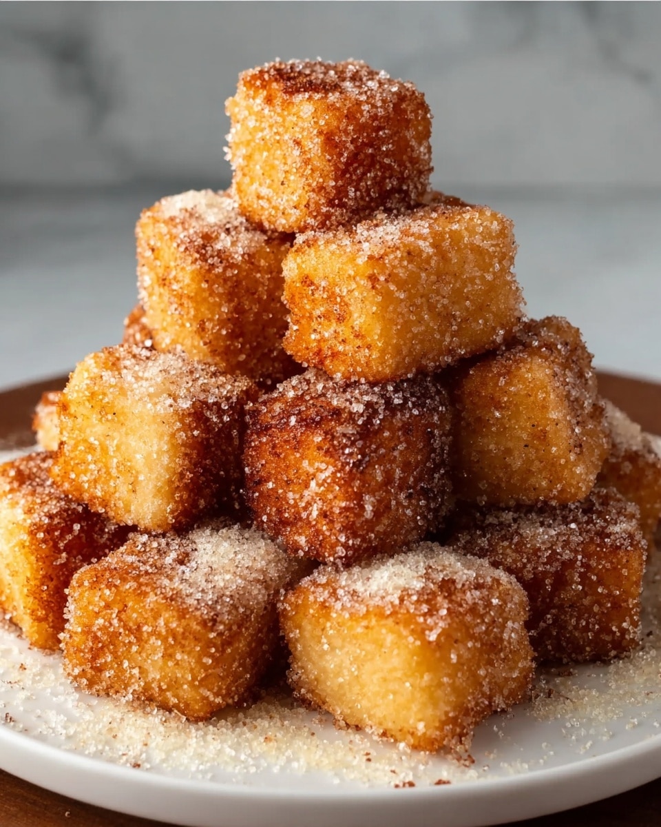 A white round plate piled with golden-brown fried cubes coated in granulated sugar and cinnamon, each cube displaying a crispy, textured surface with a slightly rough and sugary crust, stacked in a pyramid shape with some sugar scattered around the base on the plate, set against a white marbled background. photo taken with an iphone --ar 4:5 --v 7