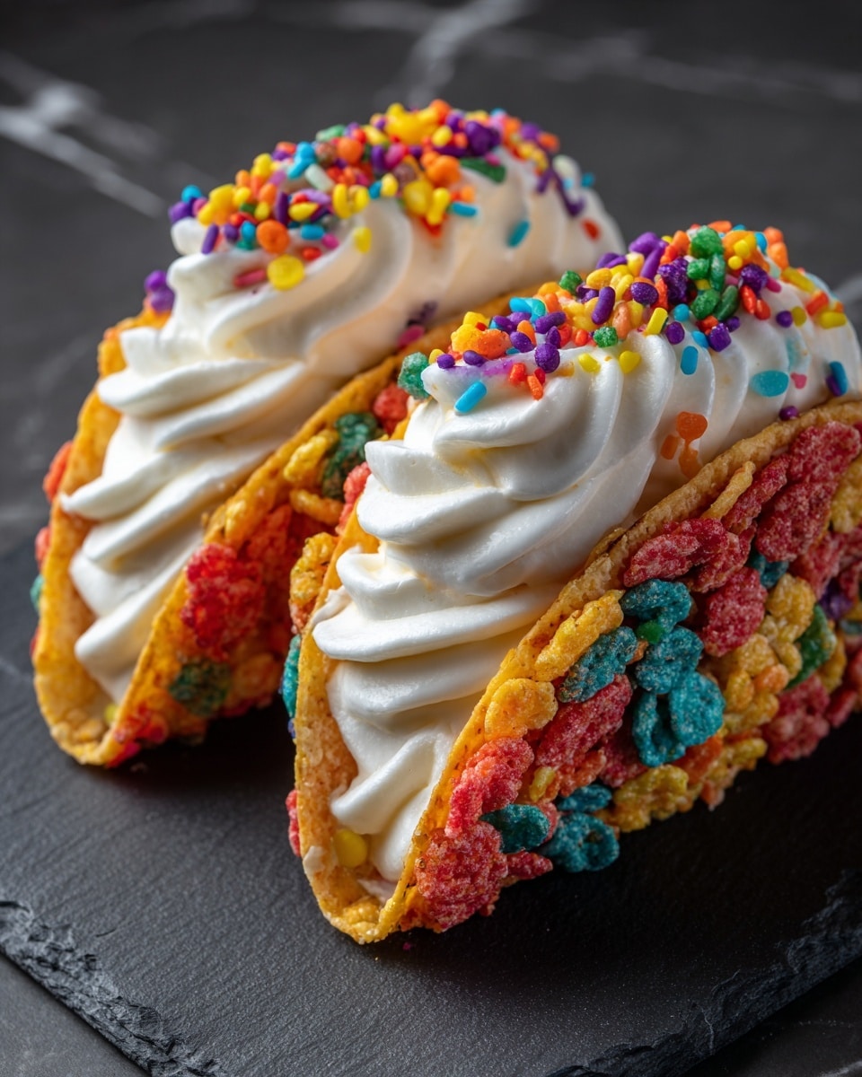 Two colorful dessert tacos sit side by side on a dark slate serving surface set against a white marbled background. Each taco shell is made of tightly packed, crunchy, multi-colored cereal pieces in bright reds, yellows, blues, greens, and oranges, forming a curved and textured base. Inside each shell, a smooth, glossy layer of white cream is piped in neat, even swirls, filling the shell and rising slightly above the edges. On top of the cream, a scattering of small, round, and irregularly shaped candy sprinkles in matching bright colors adds a playful and vibrant finish. Photo taken with an iphone --ar 4:5 --v 7