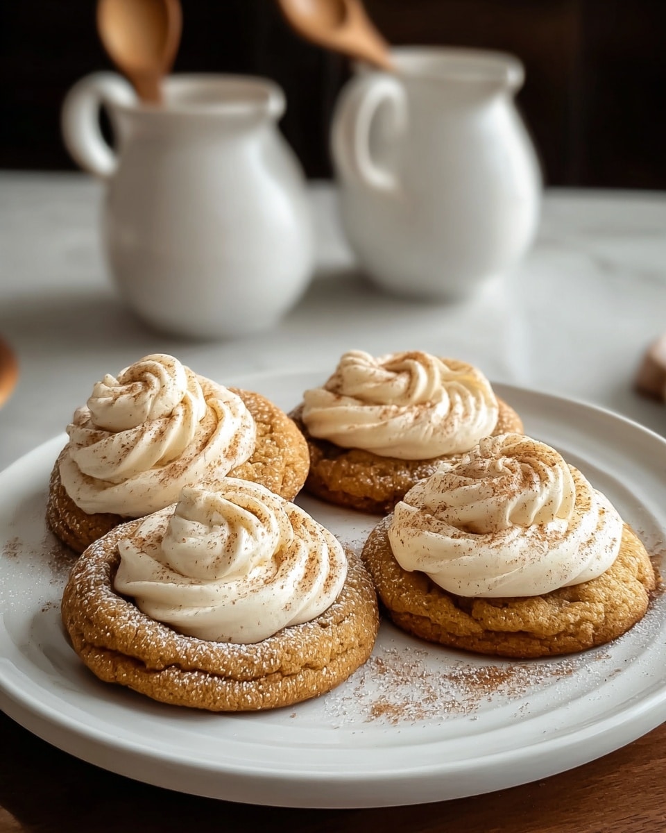 A white plate holds four round, golden brown cookies, each topped with a swirl of smooth, creamy white frosting sprinkled with light brown cinnamon powder. The cookies have a soft texture with slightly cracked edges, and a dusting of fine white powdered sugar on top. In the background, there are two white ceramic pitchers with wooden spoons inside, all set against a white marbled surface. The photo taken with an iphone --ar 4:5 --v 7