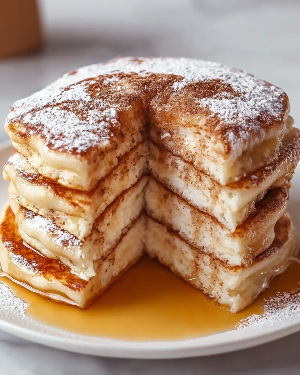 A stack of three thick, fluffy pancakes sits on a white plate, each layer golden brown on the outside with a soft, light beige inside. The pancakes have a generous dusting of powdered sugar and cinnamon on top, giving a white and brown speckled look. Golden syrup pools at the base of the stack and seeps slightly into the sides. A slice is cut out from the stack, revealing the soft texture inside and light cinnamon dusting between layers. The plate rests on a white marbled surface. photo taken with an iphone --ar 4:5 --v 7