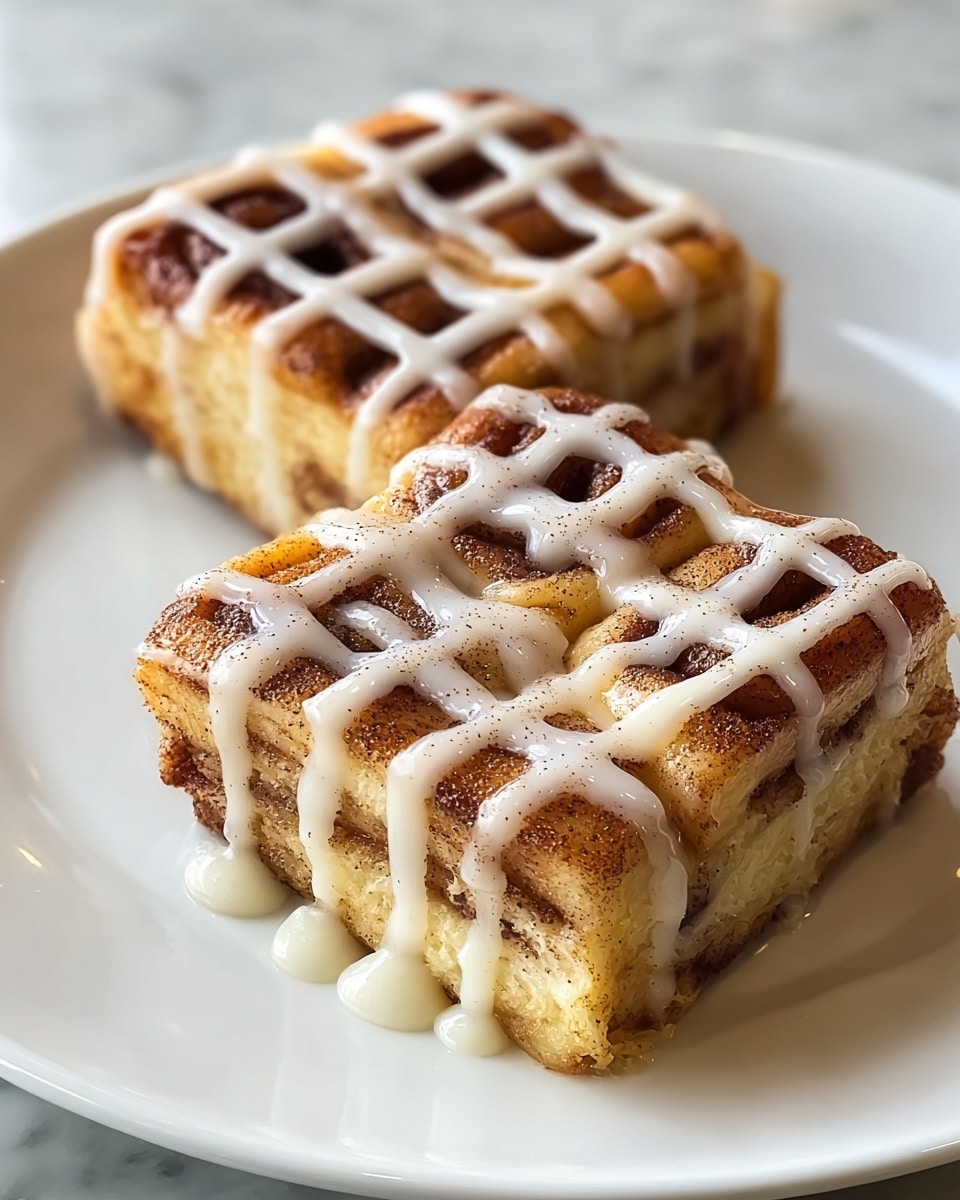 Two square pieces of cinnamon roll are shown on a white plate. Each piece has multiple layers of dough swirled with cinnamon and sugar, showing a light golden-brown baked color with a soft texture inside. The top is drizzled with white icing in a crisscross pattern, and there is extra icing pooling slightly at the base of the rolls. Tiny specks of cinnamon powder are sprinkled on the rolls, adding a speckled texture on the surface. The plate is set on a white marbled texture. photo taken with an iphone --ar 4:5 --v 7