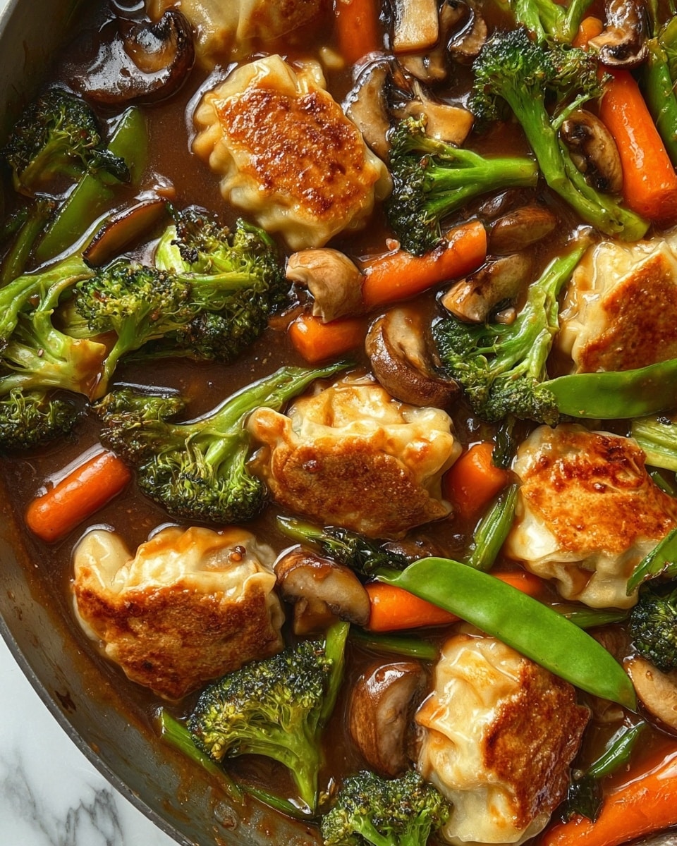 The image shows a close-up of several golden-brown dumplings with a slightly crispy surface, arranged among bright green broccoli florets, thin green beans, sliced orange carrots, and light brown mushroom slices, all coated in a glossy dark sauce. The dumplings have a slightly wrinkled texture with browned edges, sitting among the shiny vegetables, which add vibrant colors and a fresh look. The sauce creates a wet and glossy finish, covering the vegetables and dumplings evenly. The whole dish is placed on a white marbled surface. photo taken with an iphone --ar 4:5 --v 7