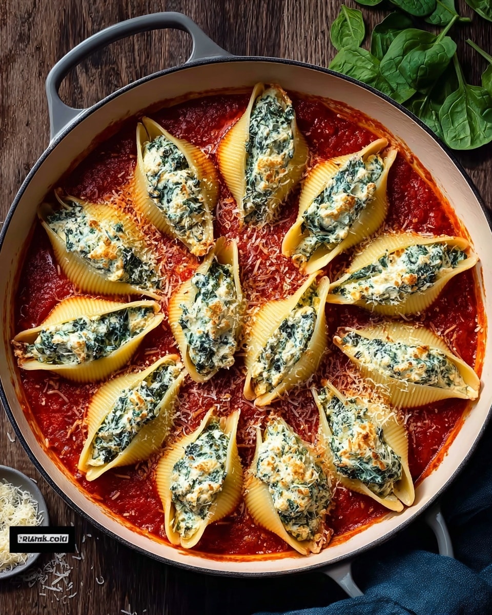 In a white skillet filled with a thick, red tomato sauce base, there are twelve large pasta shells arranged in a circular pattern, each stuffed with a creamy spinach and ricotta cheese mixture that looks textured and slightly browned on top. The creamy filling is off-white with visible bits of green spinach, and there is a sprinkling of finely grated cheese scattered over the shells and sauce. The skillet rests on a dark wooden surface with some green spinach leaves visible at the top right corner and a blue cloth at the bottom right. Photo taken with an iphone --ar 4:5 --v 7