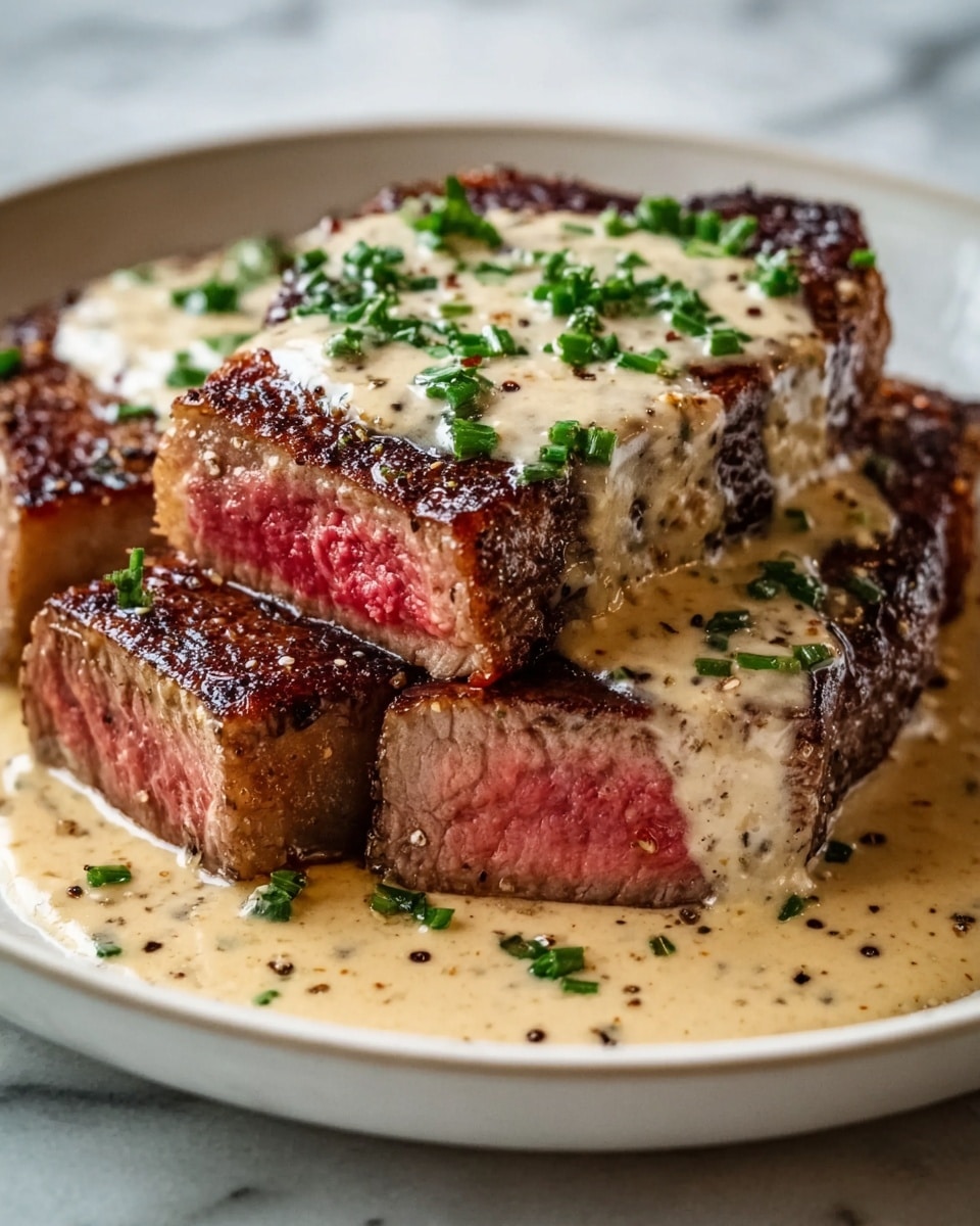 A white plate holds a thick steak cut into several pieces, showing a pink, juicy center with a dark, grilled brown crust. The steak is covered with a creamy, beige sauce that has small black pepper specks and green chopped herbs sprinkled on top. The sauce pools around the base of the steak on the plate. The plate sits on a white marbled surface. photo taken with an iphone --ar 4:5 --v 7