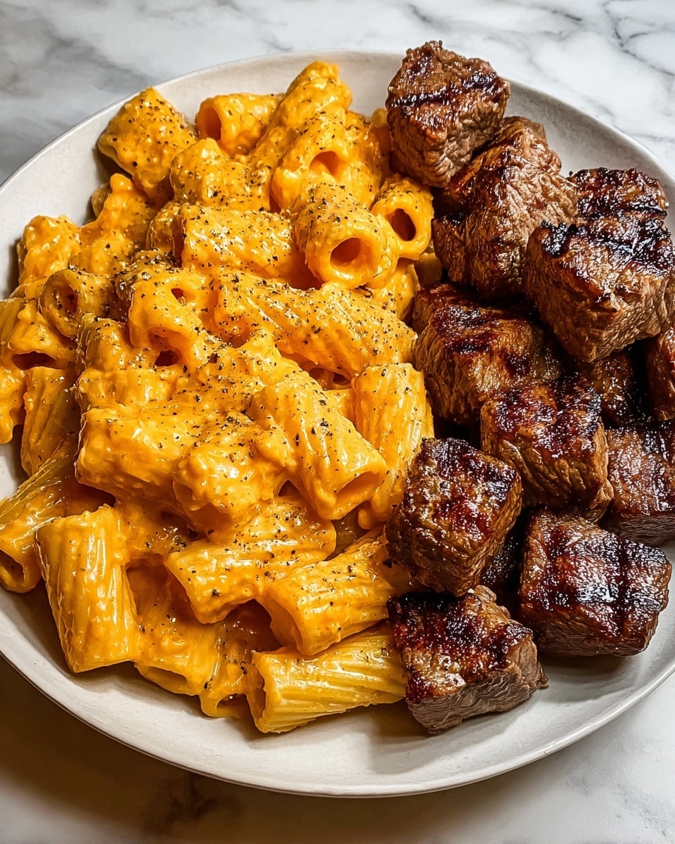 The dish shows a close-up of rigatoni pasta coated in a creamy, orange-colored sauce with small green herb bits scattered throughout. The pasta is ridged and hollow, filling the white bowl evenly as the base layer. On top, there are several small cubes of browned, grilled steak with a shiny, textured surface, arranged in the center of the pasta. The bowl sits on a white marbled surface, and the composition highlights the contrast between the creamy pasta and the dark, seared meat. Photo taken with an iphone --ar 4:5 --v 7