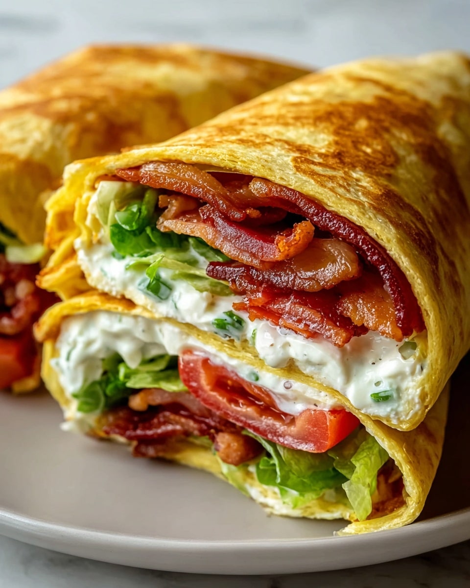 A close-up image of a wrap sandwich shows four visible layers inside a golden-brown toasted tortilla. The outermost layer is a soft, slightly crispy yellow-brown wrap, folded tightly around the filling. Inside, starting from the top, there is a thick spread of creamy white sauce with small green herb pieces, followed by a layer of crispy, reddish-brown bacon strips. Below the bacon, there is fresh green lettuce with leafy texture, and beneath that, a hint of bright red tomato slices peeks through. The wrap sits on a simple white plate with a smooth, clean finish, all placed against a white marbled texture surface. Photo taken with an iphone --ar 4:5 --v 7