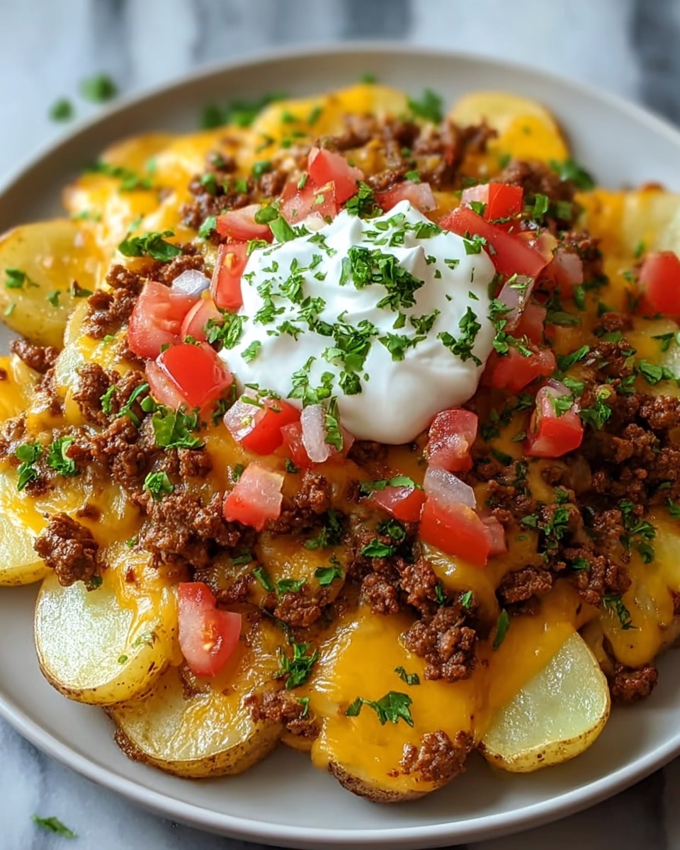 A loaded plate of sliced yellow potatoes forms the bottom layer, with their slightly browned skins visible and soft texture showing. On top is a layer of cooked ground beef mixed with melted bright orange cheddar cheese dripping over the edges. Diced red tomatoes and chopped green herbs are scattered over the beef, adding fresh color. At the very top, a dollop of white sour cream sits in the center, also sprinkled with green herbs. The dish is on a white plate, placed on a white marbled surface. photo taken with an iphone --ar 4:5 --v 7