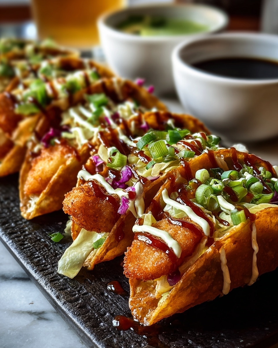 The image shows a row of crispy tacos arranged closely on a dark textured plate, placed on a white marbled surface. Each taco has a crunchy, golden-brown shell filled with a crispy fried piece of fish with a rough texture. Inside, there is a mix of thinly sliced green and purple cabbage adding fresh, vibrant colors. The tacos are topped with chopped green onions and drizzled with creamy white sauce and a darker, thick sauce that looks like barbecue or a similar glaze, adding shine and contrast. The background has two white bowls, one with green contents and a darker sauce in the other, slightly blurred to focus on the tacos. Photo taken with an iphone --ar 4:5 --v 7