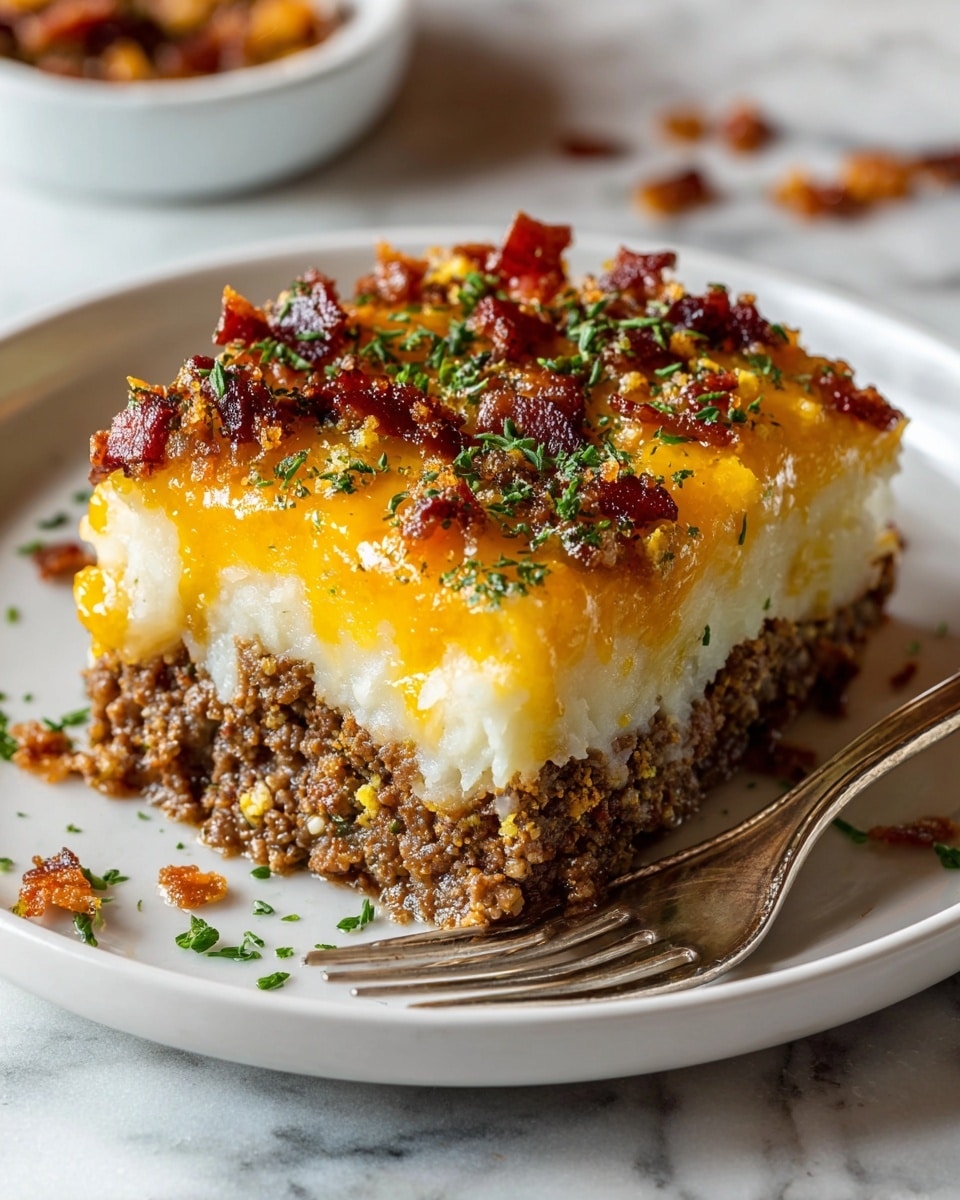 A square piece of food sits on a white plate with three visible layers: the bottom layer is a crumbly brown ground meat mixed with small bits, the middle layer is thick and smooth mashed potatoes in creamy white, and the top layer is a shiny, melted golden yellow cheese scattered with small, crispy dark red-brown bacon bits and green herb sprinkles. Some bacon bits and herbs also lay around the plate, with a silver fork resting on the side. The background shows a white marbled texture surface. photo taken with an iphone --ar 4:5 --v 7