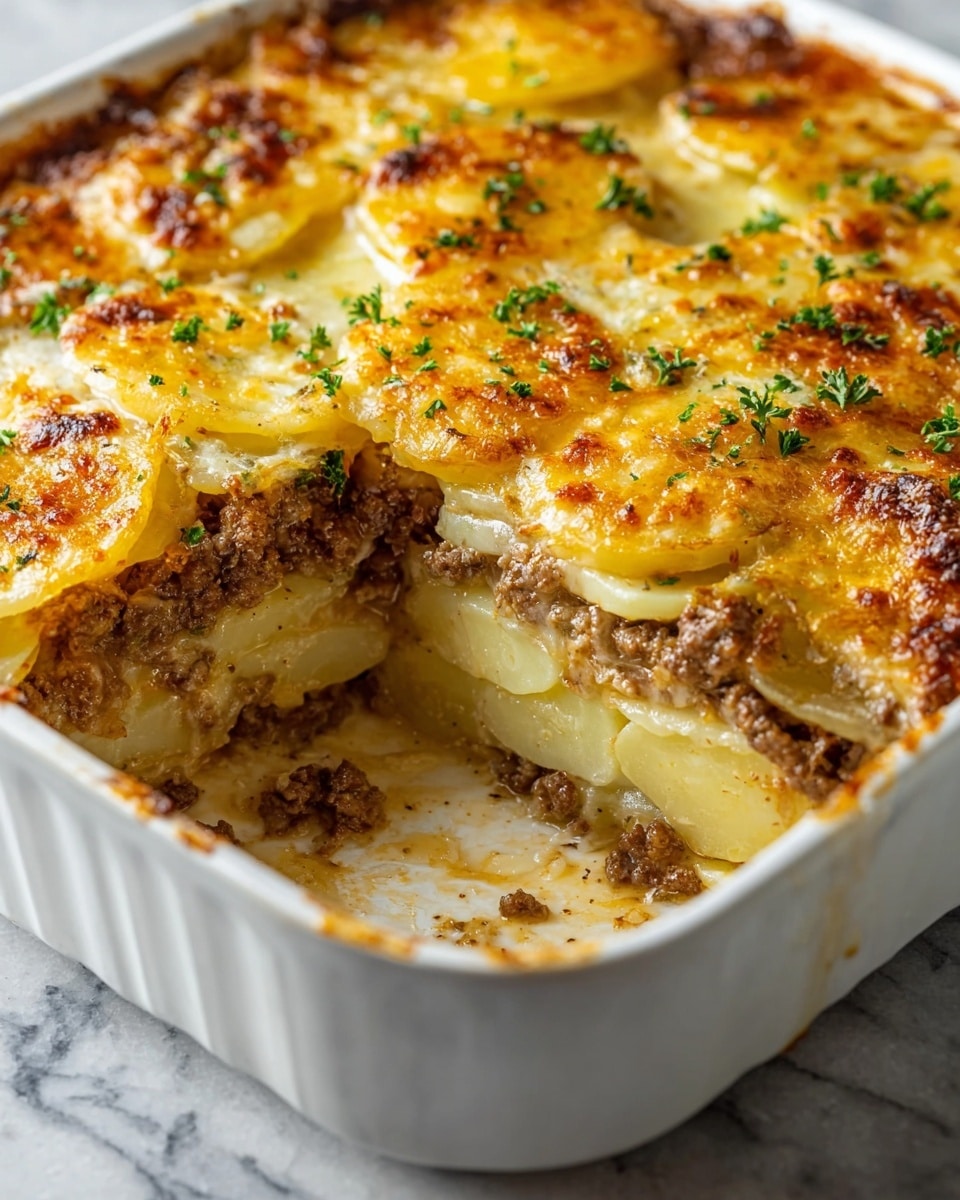 A white ceramic baking dish holds a sliced potato and ground beef casserole with four visible layers. The bottom layer shows creamy pale yellow sliced potatoes, topped with a thick layer of crumbled browned ground beef. Above the beef is another layer of the pale yellow sliced potatoes, followed by a golden melted cheese layer with browned spots and fresh green parsley sprinkled on top. The edges reveal rich, creamy sauce mixing with the layers, and a missing portion shows the layers clearly inside the dish. The dish is set on a white marbled surface. photo taken with an iphone --ar 4:5 --v 7
