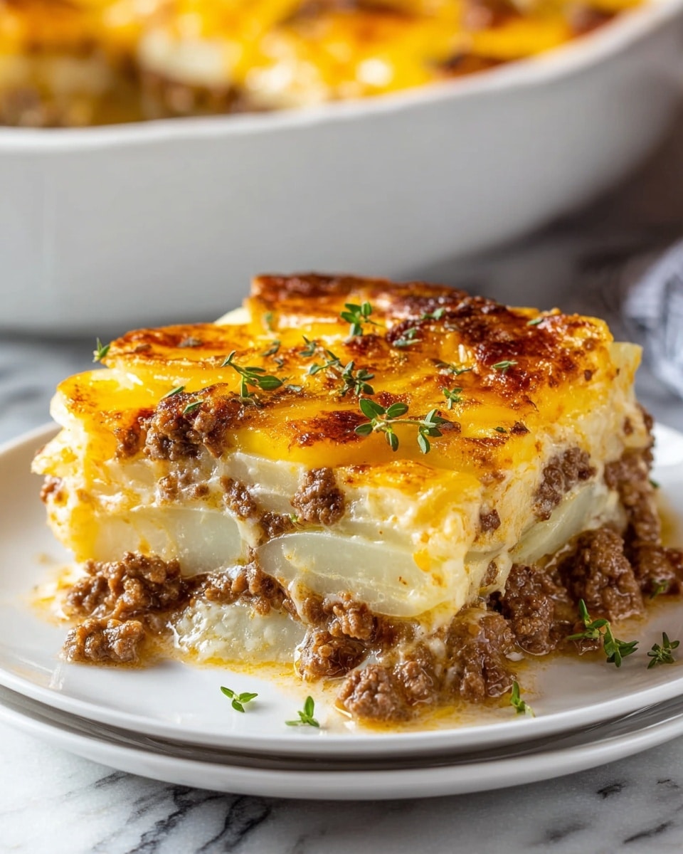 A square piece of layered potato casserole sits on a white plate, showing four visible layers. The bottom and second layers are thick, soft white potato slices, slightly creamy and moist. Between them sits a thick layer of browned ground beef mixed with light creamy sauce. The top two layers are again potato slices, golden brown on top with crispy, melted yellow cheese browned unevenly with some darker spots. Small green herb leaves are scattered over the top. The white plate rests on a white marbled surface, and a blurred large white dish with more casserole is visible in the background. photo taken with an iphone --ar 4:5 --v 7