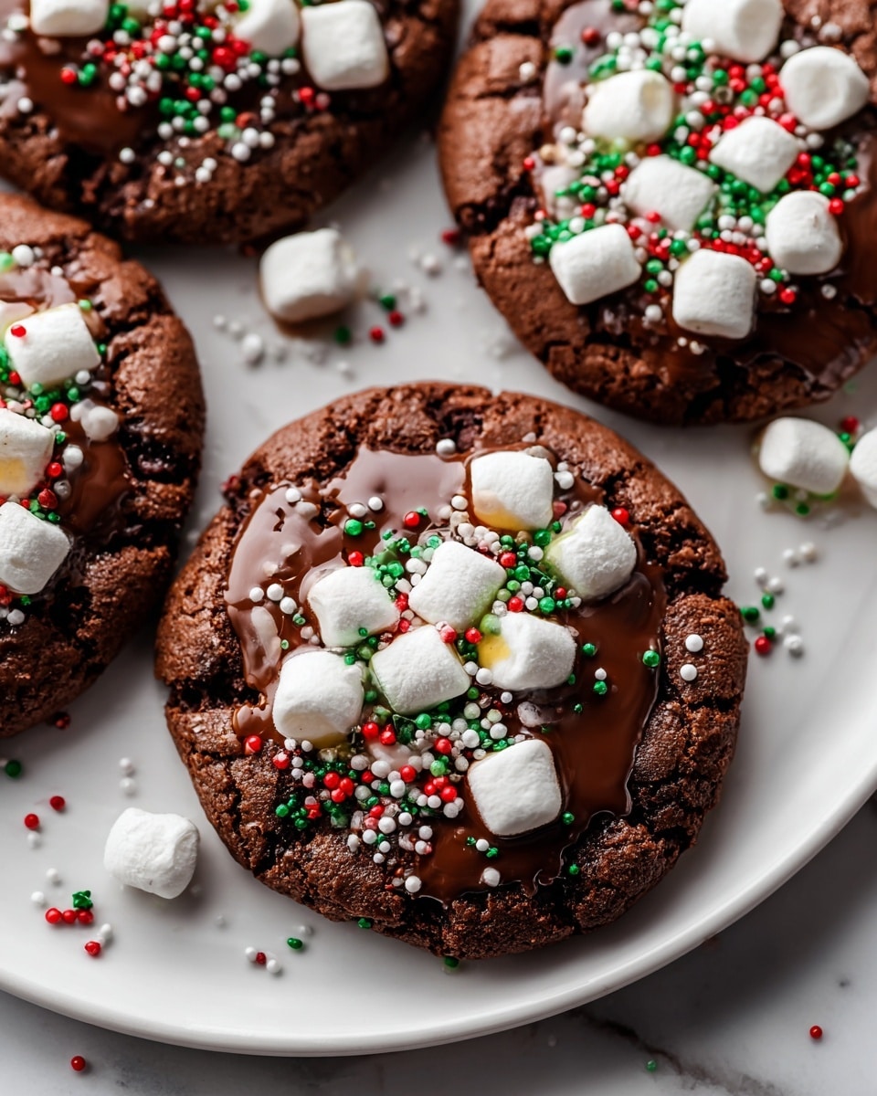 A close-up view of four large chocolate cookies each with a rough, cracked dark brown base, topped with a glossy layer of melted chocolate spread unevenly on top. On this melted chocolate, several small white marshmallows are placed, clustered mostly toward the center, along with red, green, and white round sprinkles scattered over the marshmallows and chocolate. The cookies sit closely on a smooth white plate, all set on a white marbled surface with a few sprinkles scattered around the plate edges. photo taken with an iphone --ar 4:5 --v 7