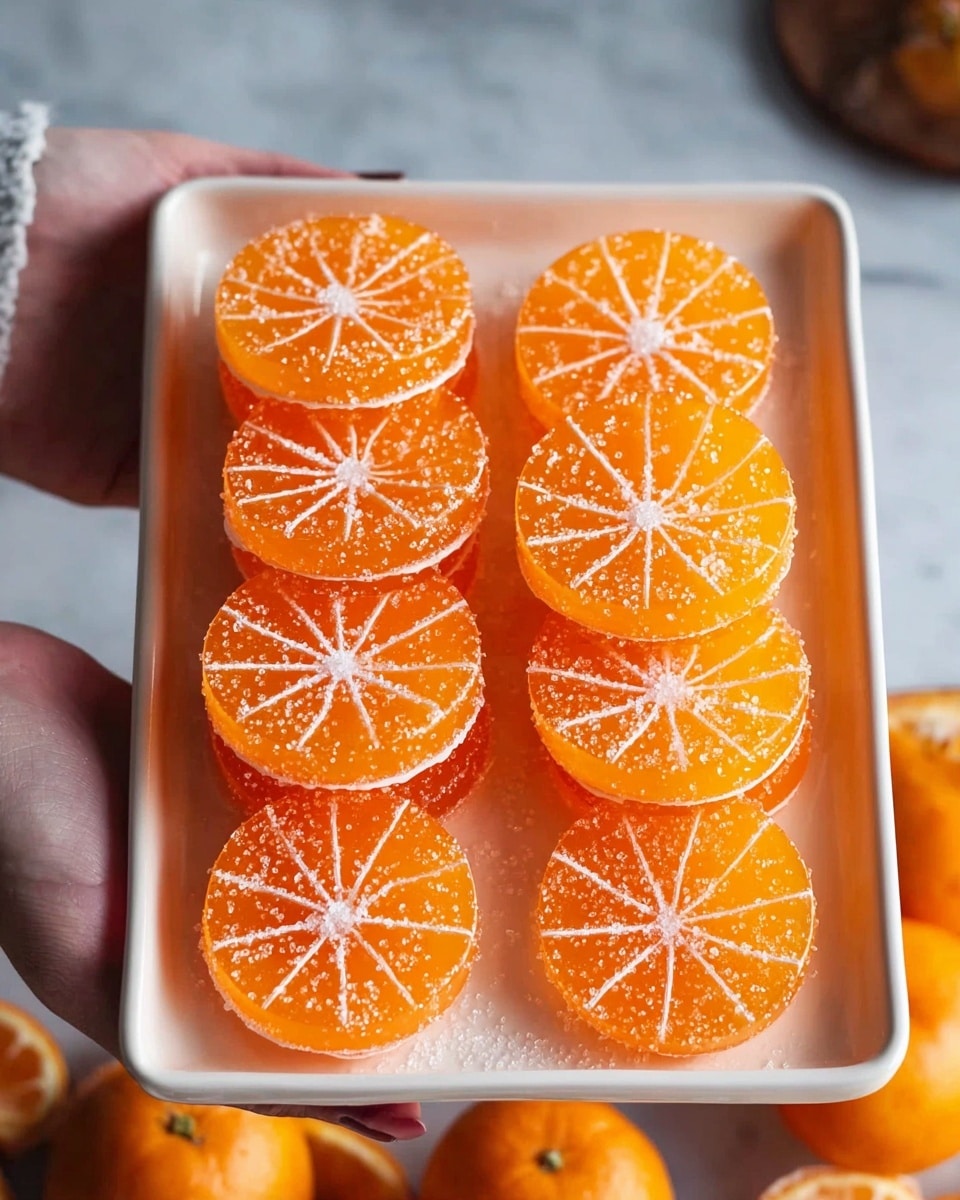 The image shows a white tray filled with bright orange round jelly sweets shaped like sliced oranges. Each sweet has a smooth, shiny surface with thin white lines radiating from the center to the edges, mimicking orange segments, and is sprinkled lightly with white sugar crystals. The sweets are stacked neatly in two layers on the tray, which is held by a woman's hand on each side. The background features a white marbled texture with some whole peeled oranges visible at the bottom. Photo taken with an iphone --ar 4:5 --v 7