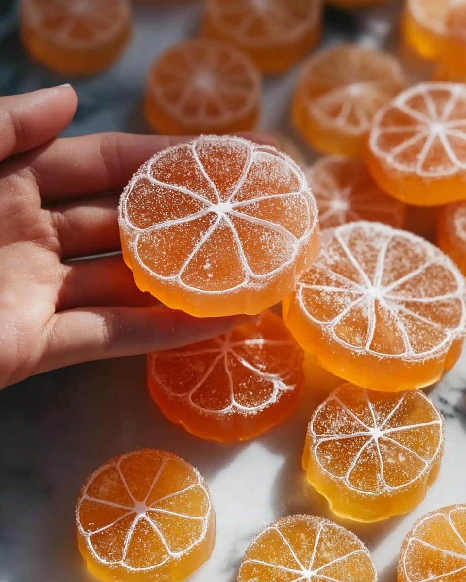 The image shows a woman's hand holding a stack of translucent orange jelly candies shaped like citrus slices, each piece detailed with white lines mimicking the fruit's segments. The candies are dusted lightly with powdered sugar, giving a soft, frosty look. Below the hand, more jelly candies are scattered closely, all glowing with a warm, golden-orange hue. The candies appear to be soft and slightly sticky, layered thick with clear texture showing the fruit slice pattern on top and bottom. The background is a white marbled surface that softly reflects light, creating a bright and clean setting. Photo taken with an iphone --ar 4:5 --v 7