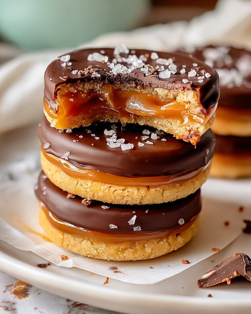 A close-up view of a stack of three round treats on a white plate, each with a thick bottom layer of golden, crumbly cookie, a middle layer of shiny caramel, and a top layer of smooth dark chocolate coated with scattered coarse sea salt flakes; the top treat is bitten, showing the chewy caramel’s texture beneath the chocolate. The stack is on white parchment paper placed on a white marbled surface, and some chocolate crumbs and salt flakes are scattered around, photo taken with an iphone --ar 4:5 --v 7