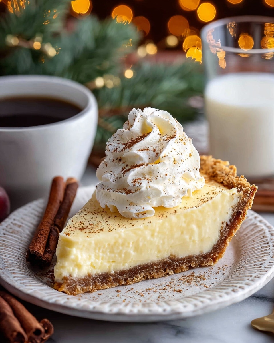 A slice of creamy yellow pie with a thick, golden-brown crust sits on a white plate with textured edges. The pie has a smooth, soft filling topped with a tall swirl of white whipped cream, sprinkled lightly with brown spice powder. Next to the pie, there is a dark brown cinnamon stick on the plate. In the background, a white cup filled with a dark hot drink and a clear glass of white milk are visible, all set on a white marbled surface with warm, blurry orange lights and green pine branches out of focus behind. photo taken with an iphone --ar 4:5 --v 7