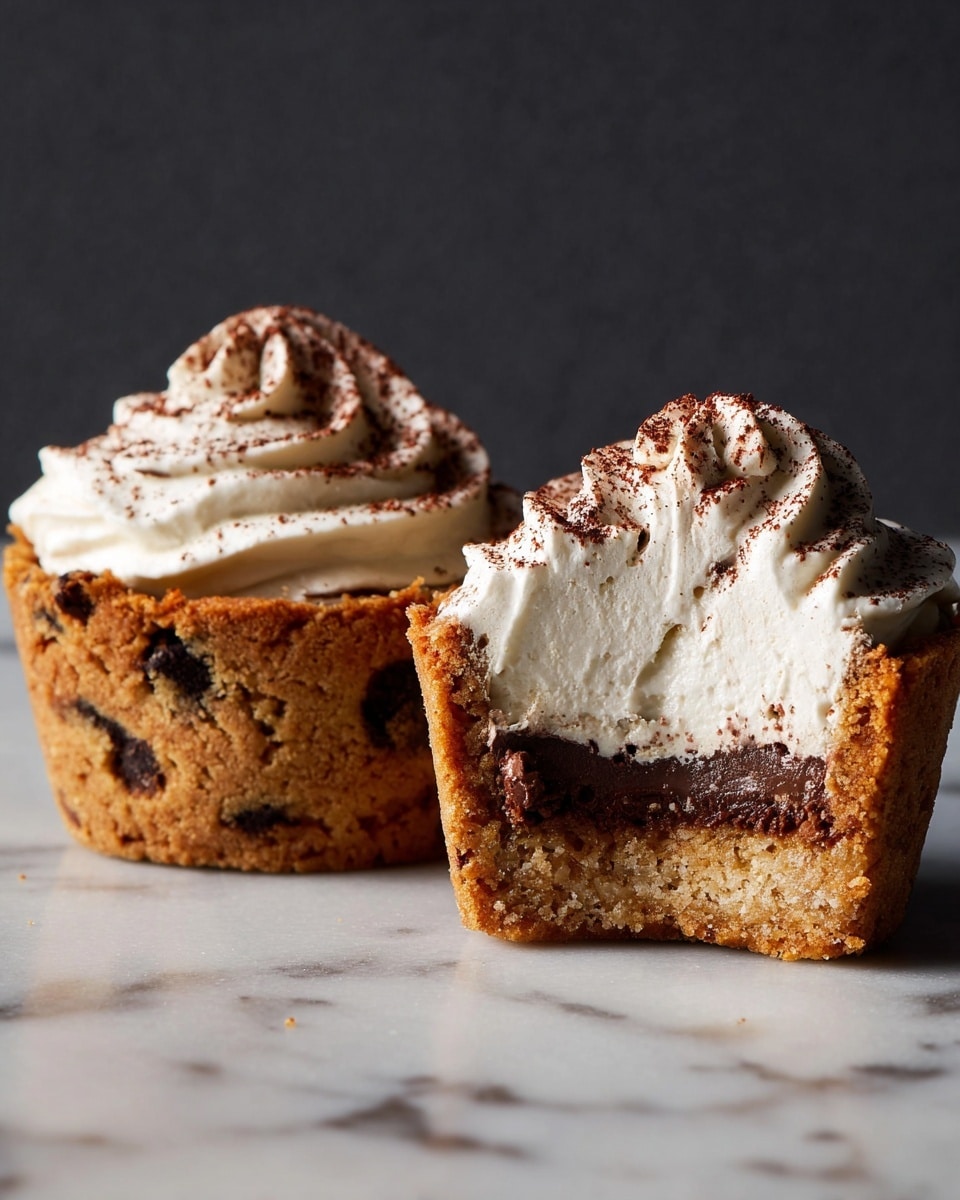 The image shows two small dessert cups made from a chocolate chip cookie dough crust placed side by side on a white marbled surface. One cup is whole with a thick swirl of white cream topped with a dusting of cocoa powder. The other cup is cut in half, showing three layers: the bottom layer is a dark, smooth chocolate filling, the middle layer is the golden brown cookie crust embedded with chocolate chips, and the top layer is a fluffy white cream with cocoa powder sprinkled on top. The textured wall in the background is dark grey, making the dessert stand out clearly. Photo taken with an iphone --ar 4:5 --v 7