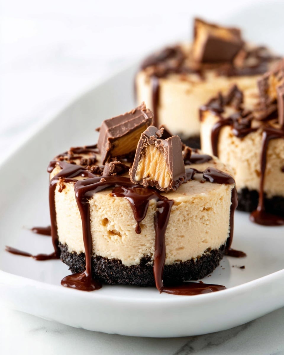 Mini cheesecakes are shown with two clear layers: the bottom is a dark crumbly crust, and the top is a thick creamy beige cheesecake layer. Each cheesecake is decorated with small pieces of peanut butter cups and drizzled generously with dark glossy chocolate sauce that runs down the sides. They are placed on a smooth white plate set against a white marbled texture background. The image captures a close-up view that highlights the rich texture and glossy shine on the chocolate. photo taken with an iphone --ar 4:5 --v 7