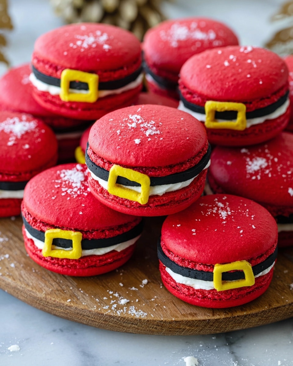A pile of bright red macarons is shown, each made of two smooth, round shells with a slightly shiny texture. In the middle is a thick layer of creamy white filling. Each macaron is decorated with a thin black line across the top shell, resembling a belt, with a small bright yellow buckle shape in the center, mimicking Santa’s belt. The macarons are arranged on a wooden round board, placed on a white marbled surface with some white crumbs scattered around. The photo taken with an iphone --ar 4:5 --v 7