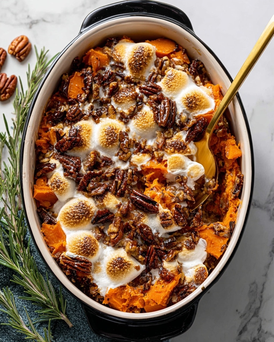 The dish is served in an oval black pot with a white interior, filled with a layered sweet potato casserole. At the bottom, bright orange cooked sweet potato chunks create a soft, chunky base. On top, there is a layer of melted golden-brown toasted marshmallows, some parts slightly burnt. Scattered all over are dark brown pecan nuts, adding a crunchy texture and rich color contrast. A gold spoon is partially inserted into the right side, mixing the layers lightly. The pot is placed on a white marbled surface, with some green rosemary sprigs nearby. photo taken with an iphone --ar 4:5 --v 7