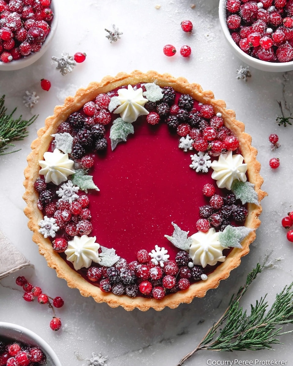 A round tart with a light golden crust holds a deep red, smooth filling layer. On top, small white cream dollops are arranged in a loose ring near the edge. Bright red currants and dark sugared berries are scattered over the cream and filling, giving texture and color contrast. Small white snowflake-shaped sprinkles add a festive touch. Frosted green leaves are placed around the berries on the tart. The tart sits on a white marbled surface with small red berries and sprigs scattered around, and white bowls filled with more berries nearby. Photo taken with an iphone --ar 4:5 --v 7