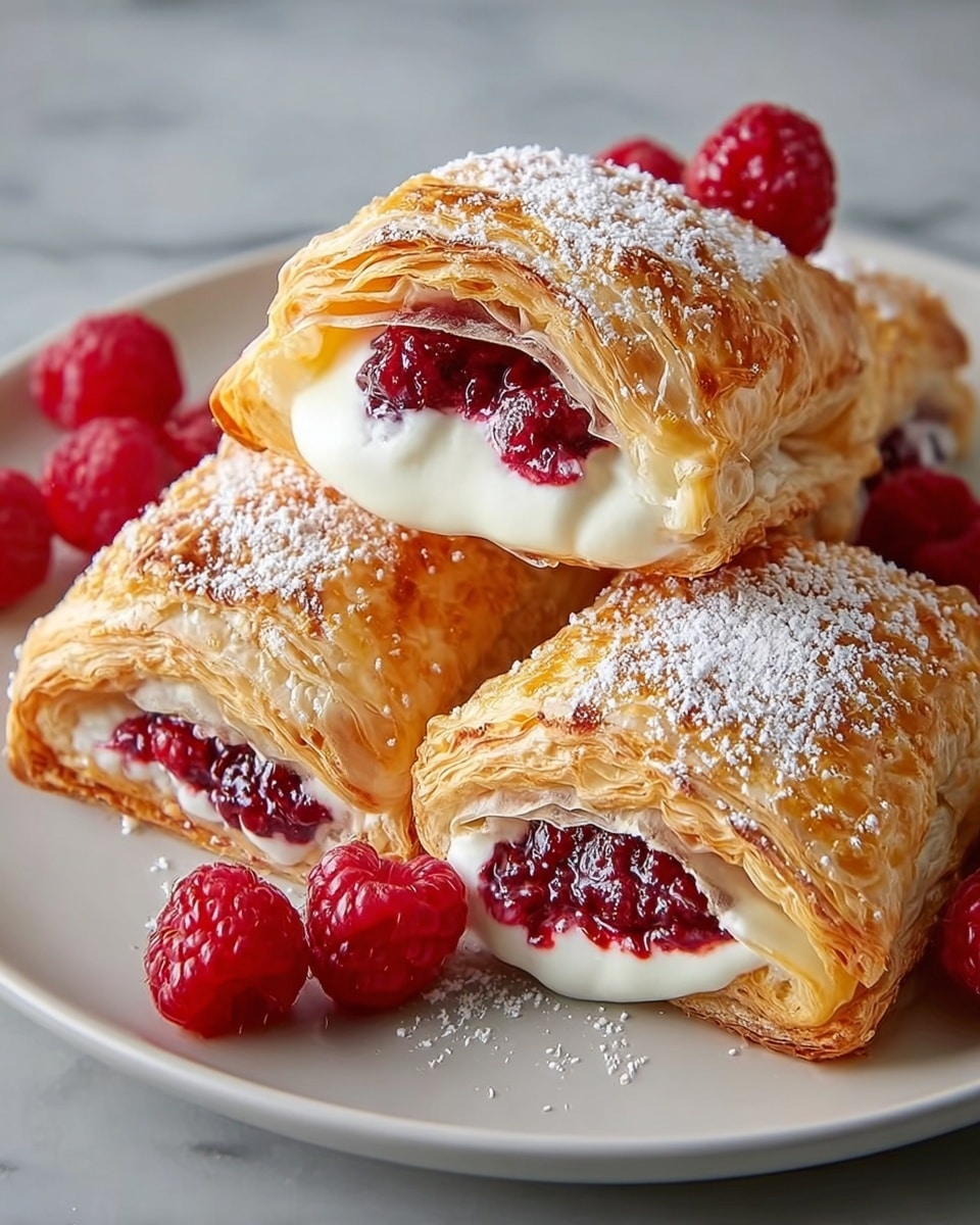 A white plate holds three golden brown puff pastry turnovers, each cut open to show two layers inside: a smooth white cream layer on the bottom and a rich red raspberry filling on top, with the pastries dusted lightly with powdered sugar. Fresh raspberries are scattered around the turnovers on the plate, set on a white marbled surface. The pastry has many thin, crisp layers with a shiny glaze on top. Photo taken with an iphone --ar 4:5 --v 7