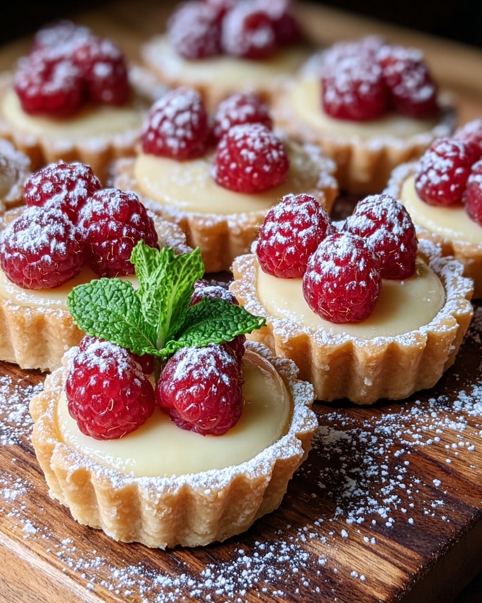 Small tartlets are arranged closely on a wooden board, each showing three layers: a light golden-brown flaky crust as the base with textured edges, a smooth pale cream-colored filling just beneath the top, and on top, three bright red raspberries covered lightly with white powdered sugar. One tartlet in the center is decorated with a small bunch of fresh green mint leaves, adding a contrast of color. The wooden board has some powdered sugar dusted around the tartlets, enhancing the rustic look. photo taken with an iphone --ar 4:5 --v 7