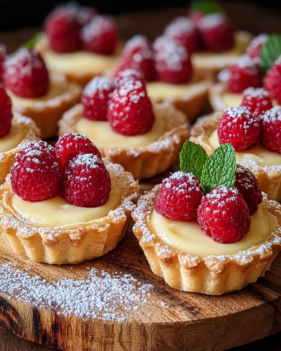 A group of small tartlets arranged closely on a rustic wooden board with a light dusting of powdered sugar on the board and tartlet edges. Each tartlet has three layers: at the bottom is a golden, flaky crust with scalloped edges, filled with a smooth, creamy pale yellow custard in the middle. On top of the custard are three bright red raspberries arranged neatly, with a light dusting of powdered sugar on them. One tartlet features a small fresh green mint sprig standing upright among the raspberries. The overall look shows rich textures from the flaky crust, smooth custard, and soft raspberries set against the wooden board. photo taken with an iphone --ar 4:5 --v 7