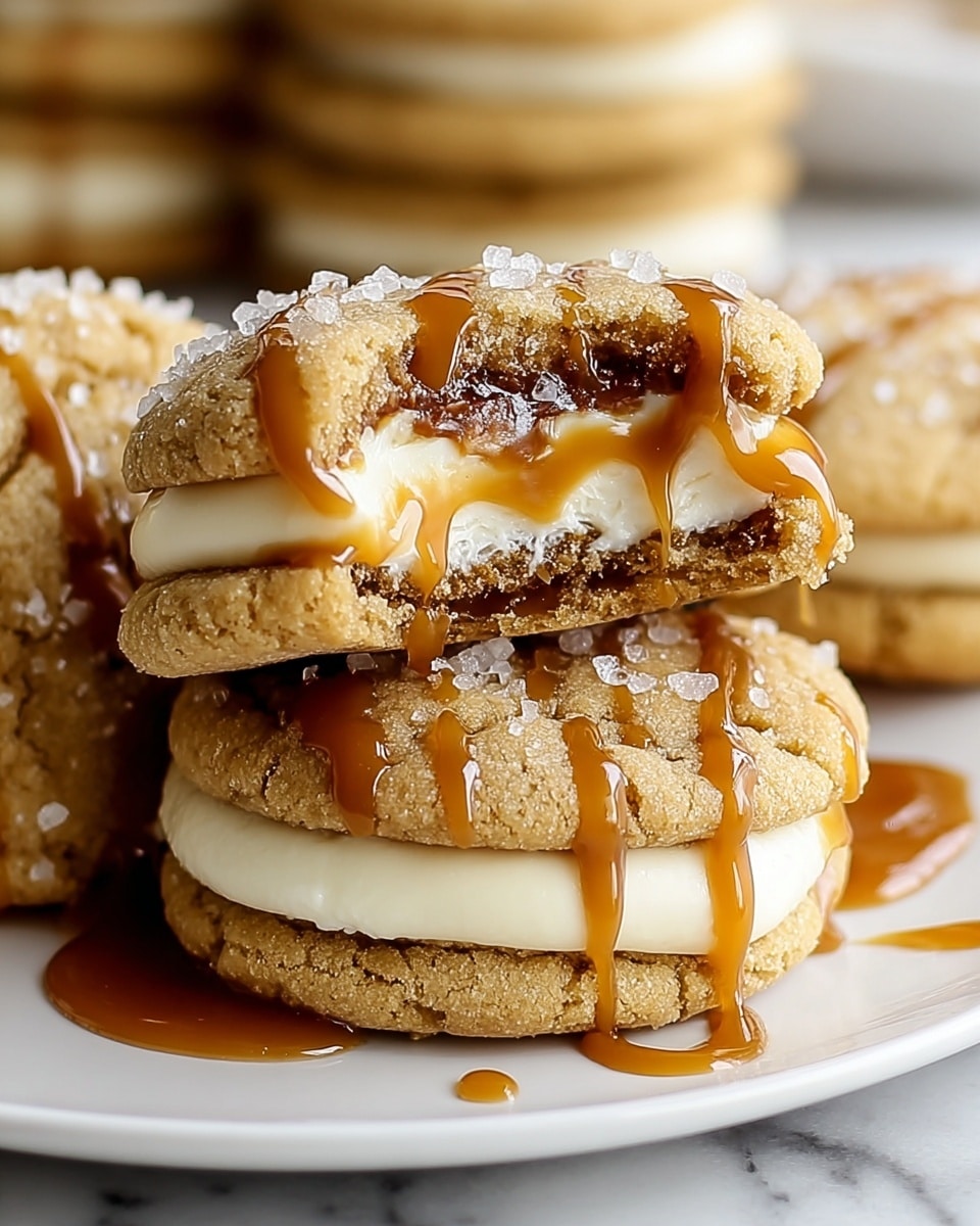 The image shows a close-up of a stack of two cookies filled with a thick, creamy white layer in the middle. Each cookie has a golden-brown color with a slightly crumbly texture and is topped with coarse salt crystals. Rich caramel sauce drips down the sides of the stacked cookies, adding a glossy contrast to the matte cookie surface. The background includes more stacked cookies resting on a white plate set on a white marbled surface. Photo taken with an iphone --ar 4:5 --v 7
