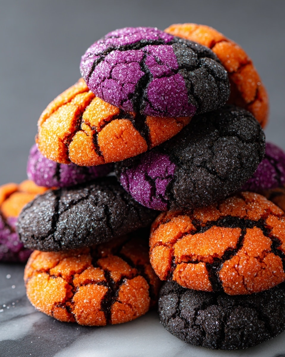 A stack of round cracked cookies piled together, each cookie showing a rough, textured surface with a sugary coating that sparkles. The cookies come in three main colors: bright orange with dark brown cracks, deep purple with black cracks, and solid black with subtle purple cracks. The cookies are arranged in a slightly messy pile on a white marbled surface, showing their thick, slightly domed shape and crunchy texture. The overall look is vibrant and festive, with the sugar granules adding a frosty effect. photo taken with an iphone --ar 4:5 --v 7