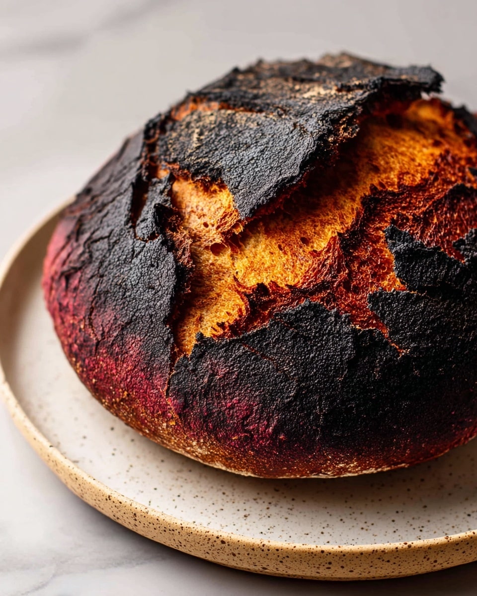 A round loaf of bread with a very dark, almost black crust that looks thick and cracked, revealing a glowing red-orange inside beneath the broken crust pieces. The loaf is placed on a white plate with a light speckled texture, all set on a white marbled surface. The bread’s surface texture is rough with large, uneven cracks and a burnt look around the edges, creating a striking contrast between the dark outer crust and the fiery inner color. photo taken with an iphone --ar 4:5 --v 7